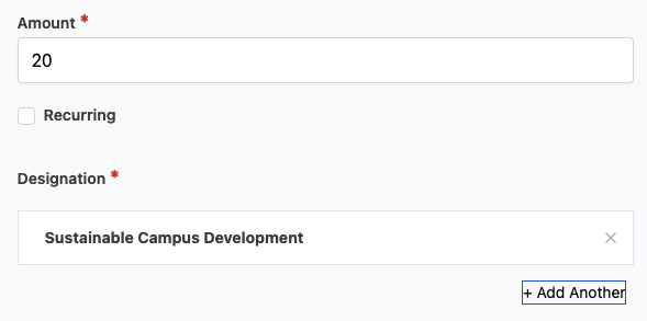 Sustainable Campus Development already is pre-selected in the "Designation" field and the "Amount" field is pre-filled with 20